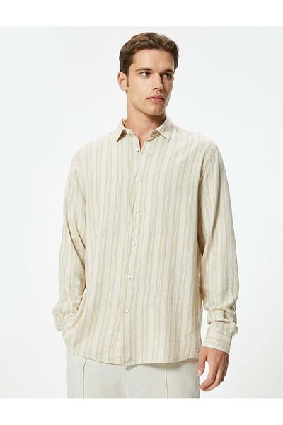 Koton Beige gestreiftes Langarmhemd aus Leinenmischung - zum Knöpfen 4SAM60053HW