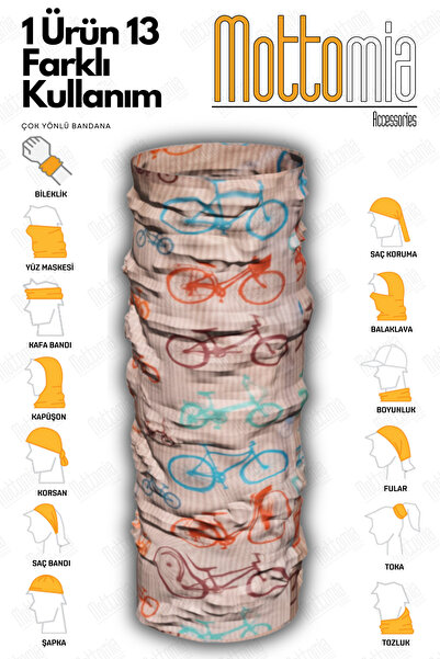 mottomia Bisiklet Desenli Unisex Viskon Kumaş Premium Kalite Buff (Baf) Boyunluk Motorcu Bandana
