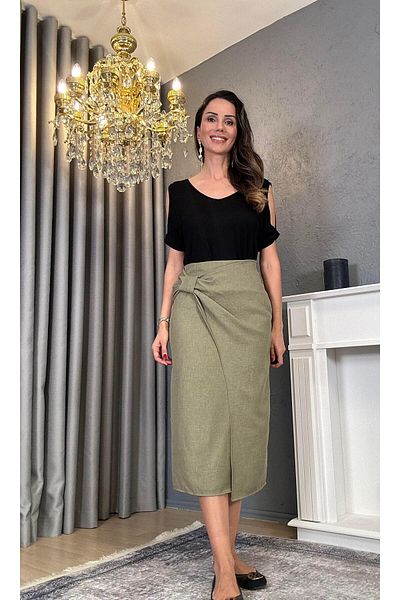 Atelier Derin Khaki Bow Detailed Wrap Skirt