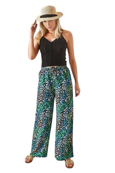 Cassime Green Floral Patterned Black Linen - Wide Leg High Waist Summer Trousers