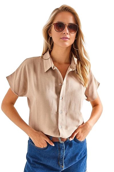 Cassime Μπεζ λινό πουκάμισο Oversize - Κοντό μανίκι νυχτερίδας, με κουμπιά