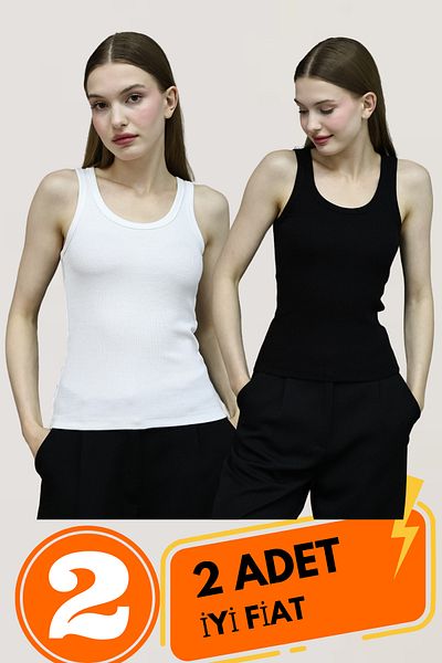 missmaral Lıllesol Women's - Black and White 2 Pack, Ribbed Look Thick Strap Basic Cotton Athlete Camisole