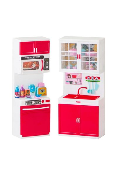 Kayyum Oyuncak MODERN KITCHEN RED WHITE COLORED LIGHTED SOUND 2-Piece KITCHEN SET WITH LAVOBE