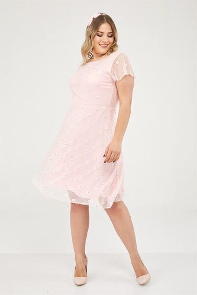 Seamoda Daisy Pattern Round Neck Tulle Dress-Pink
