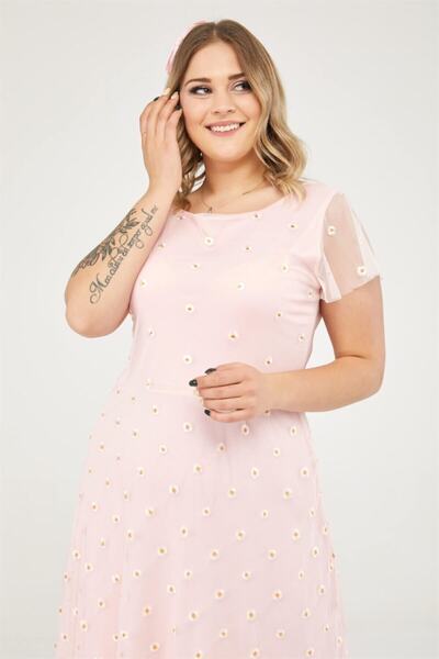 Seamoda Daisy Pattern Round Neck Tulle Dress-Pink