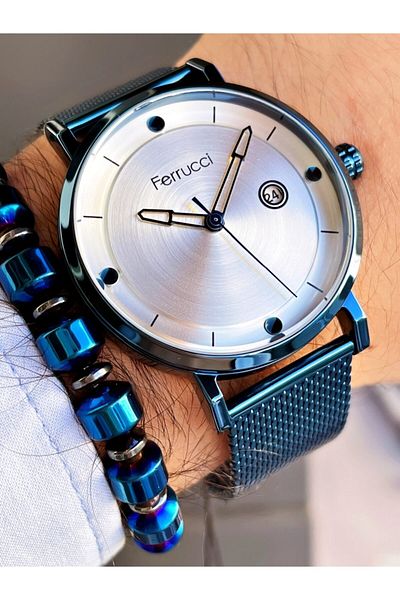 Ferrucci Navy Blue Color Straw Cord Classic Men's Wristwatch + Hematite Natural Stone Bracelet Gift