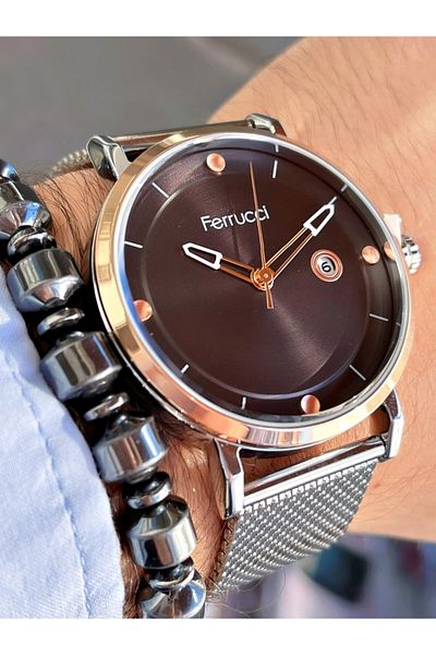 Ferrucci Silver Color Black Dial Straw Cord Men's Wrist Watch + Hematite Natural Stone Bracelet Gift