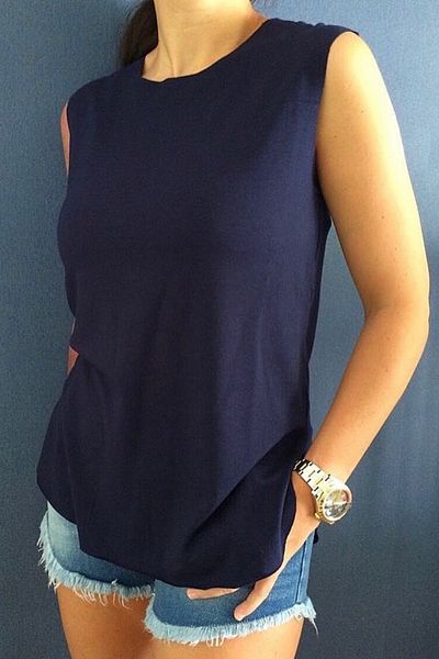 BASIC&CO Harper Navy Blue Viscose Sleeveless T-shirt