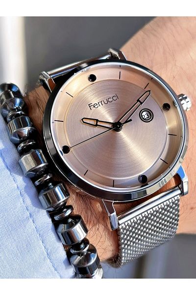Ferrucci Silver Color Beige Dial Classic Men's Wristwatch + Hematite Natural Stone Bracelet Gift