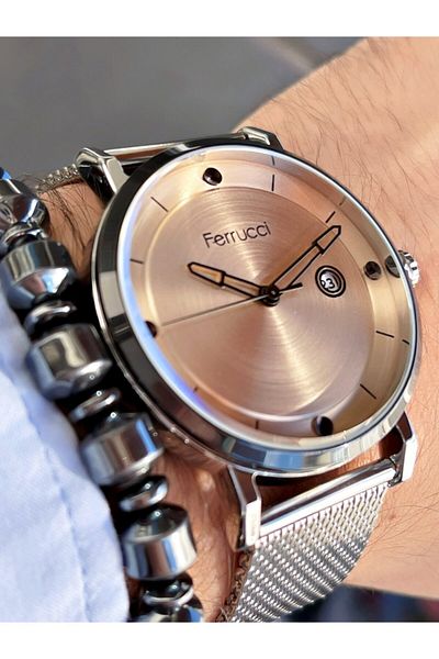 Ferrucci Silver Color Beige Dial Classic Men's Wristwatch + Hematite Natural Stone Bracelet Gift