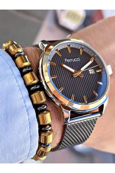 Ferrucci Smoked Color Wicker Cord Men's Wrist Watch + Hematite Natural Stone Bracelet Gift