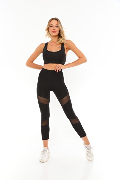 NEFA TİCARET Γυναικείο μαύρο διπλό τούλι ψηλόμεσο αθλητικό κολάν