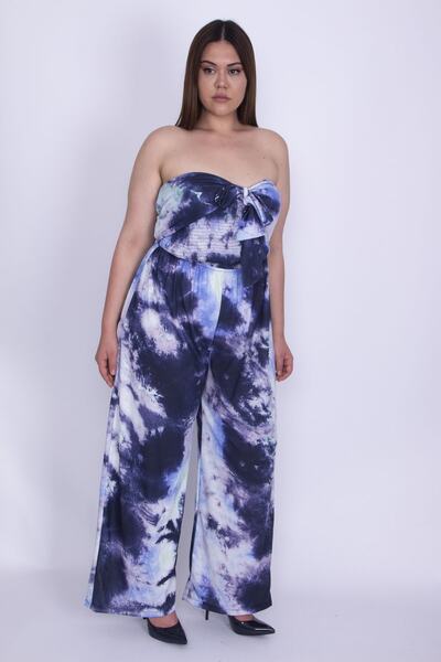 Şans Salopetă Palazzo, cu model batik, cu centură elastică, cu bandă elastică, în partea de sus, de mărime mare, pentru femei 65n26043