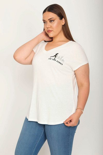 Şans Women's Large Size Bone V-Neck Chest Printed Hem Oval Cut Blouse 65n26351
