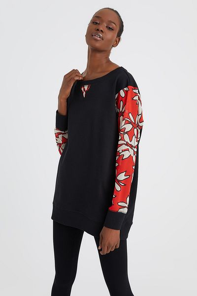 Hanna's by Hanna Darsa Women's Black Sleeve Chiffon Patterned Knitted Sweatshirt