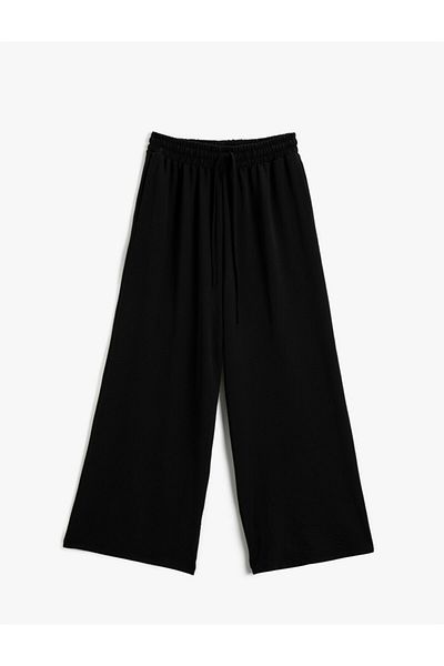 Koton Women's BLACK Wide Leg Trousers Tied at the Waist