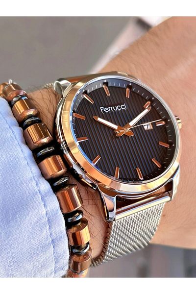 Ferrucci Silver Color Black Dial Classic Straw Cord Men's Wrist Watch + Hematite Natural Stone Bracelet