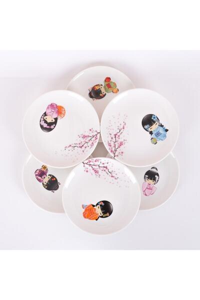 TEBAK COLLECTION 6’lı Kokeshi Bebek Desenli Renkli Tatlı Tabak Takımı