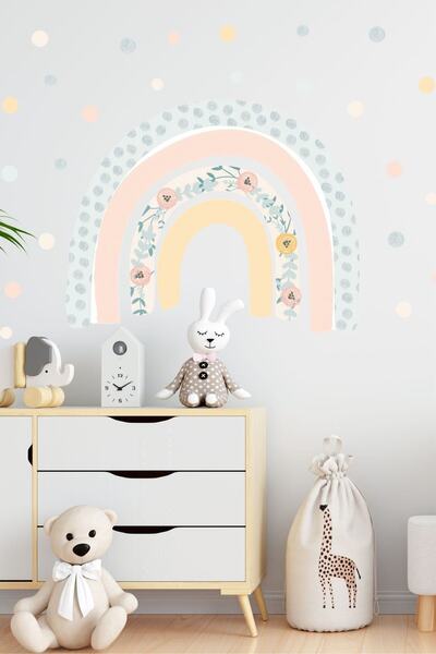 Sticker Ekspres Çiçekli Soft Gökkuşağı Ve Puantiye Çocuk Odası Duvar Sticker ...
