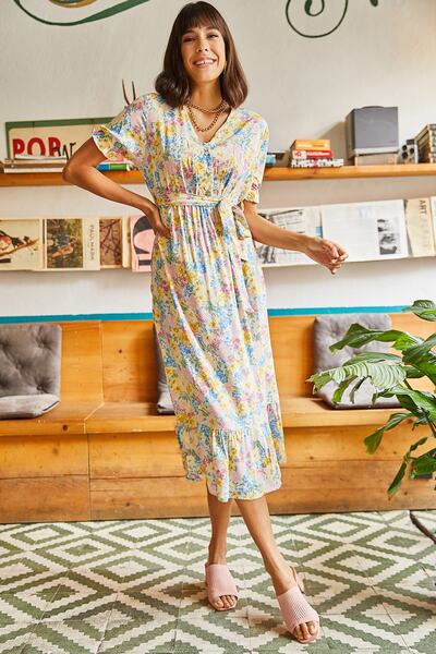 Olalook Kadın Sarı Düğmeli Kuşaklı Kol Detaylı Dokuma Viskon Elbise ELB-19001524