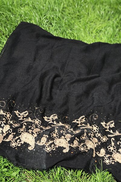 Bohemian Kadın Siyah Taş Işleme Ve Nakışlı Naturel Şal