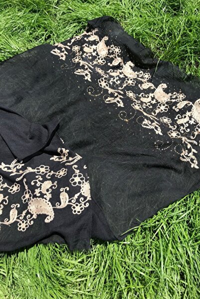 Bohemian Kadın Siyah Taş Işleme Ve Nakışlı Naturel Şal