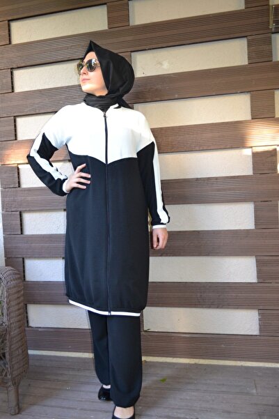 AYSUN AYDEMİR Ασπρόμαυρο Σετ Φούτερ Hijab με φερμουάρ