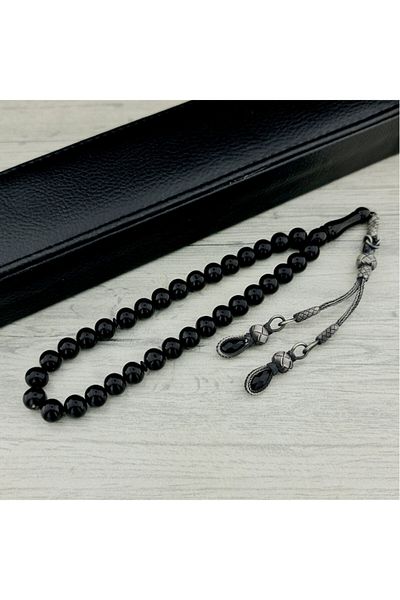 Tesbihsepetim Black Silver Tasseled Kazaz Rosary - Fire Amber