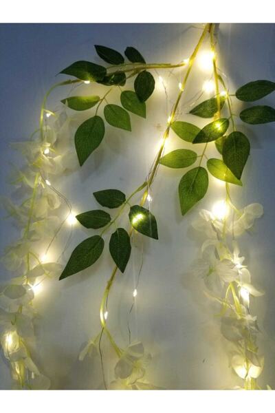 KozmoParti Dekoratif 60cm Lüks Yapay Beyaz Sarkan Akasya 5m Günışığı Led Sarı Işıklı Çiçek