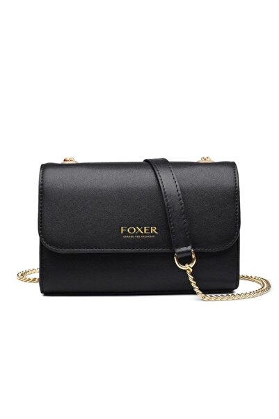 Foxer Δερμάτινη γυναικεία τσάντα με λεπτομέρεια σε χρυσό με μαύρο λουράκι