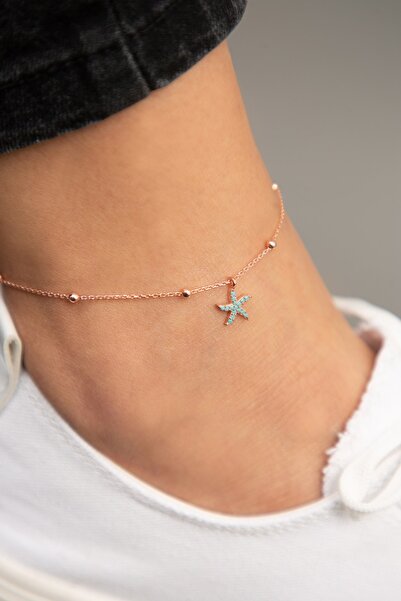 Elika Silver Kadın Pembe Kaplama Top Zincir Detaylı Deniz Yıldızı Model 925 Ayar Gümüş Halhal