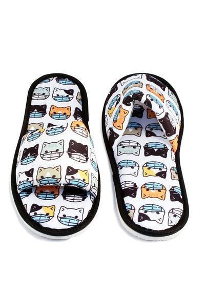 Chochili Unisex White Masked Cat Patterned Open Front Home Slippers Soft Sole