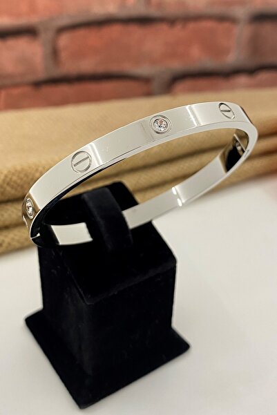 Esra Pamir Çelik Kelepçe Taşlı Kalın Gümüş Renk Model Bileklik