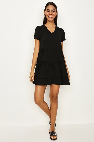 Select Moda Rochie mini neagră, cu decolteu în V, cu croiala largă