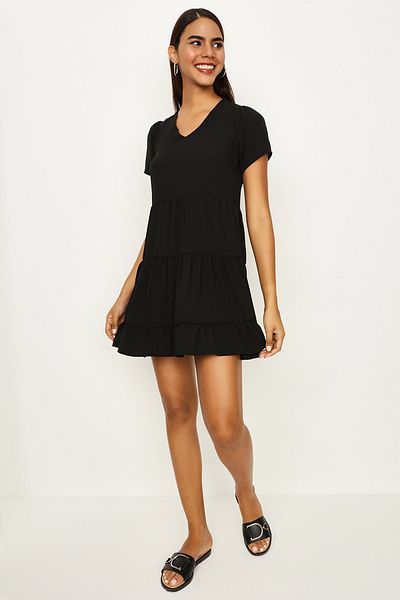 Select Moda Rochie mini neagră, cu decolteu în V, cu croiala largă