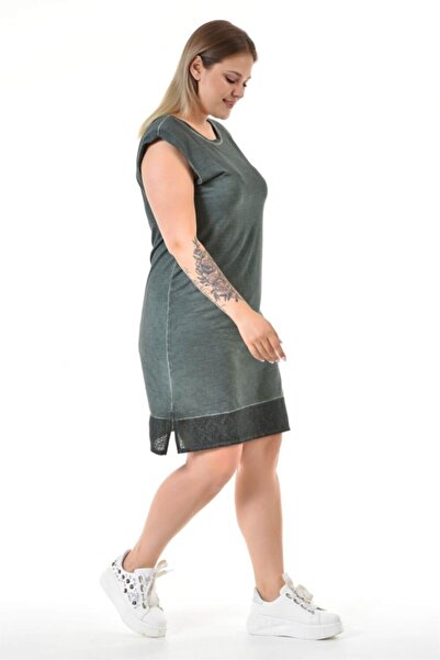 Seamoda Vatkalı Etek Ucu Dantel Detaylı Büyük Beden Kadın Rahat Elbise-koyu Yeşil