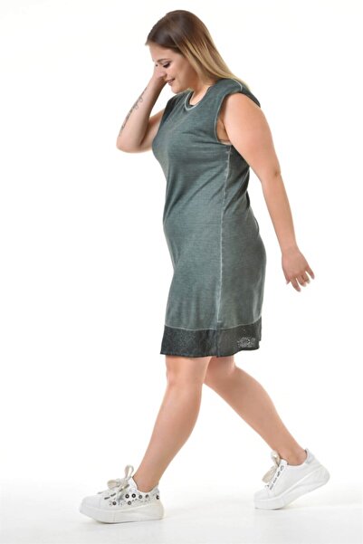 Seamoda Vatkalı Etek Ucu Dantel Detaylı Büyük Beden Kadın Rahat Elbise-koyu Yeşil