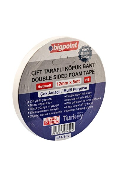 Bigpoint | Çift Taraflı Köpük Bant Dayanıklı Montaj Bandı, 12 Mm X 5 M