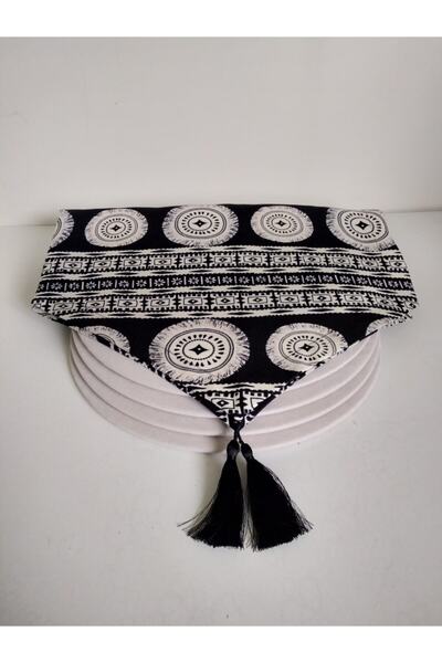 Ayşemce Runner cu tematică boemă cu aspect de ciucuri și 4 plăci bej