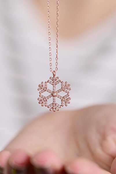 LOTUS GÜMÜŞ Kar Tanesi Beyaz Taşlı 14 K Rose Altın Kaplama Kadın Kolye