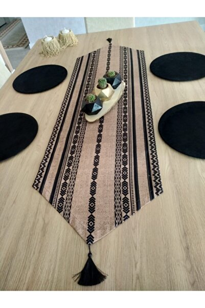 Ayşemce Εθνικός Μποέμικος Διακοσμητικός Τάπητας & 4 Μαύρα Σουπλά