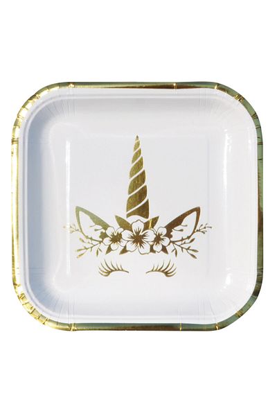 parti sürprizi Unicorn Gold Printed Square Plate 6 Pieces