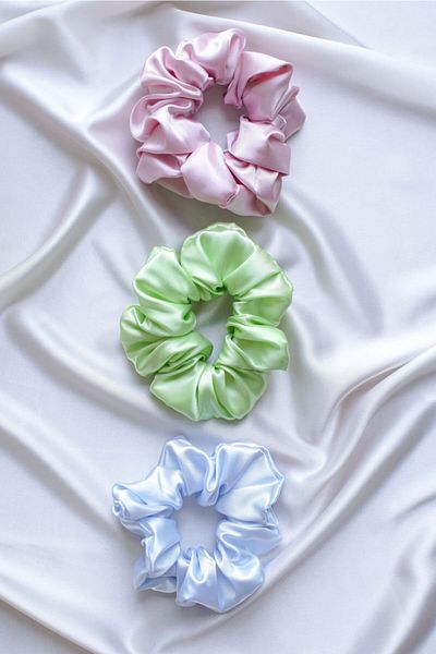 pistore Set de 3 piese pentru femei, din satin, cu elastic pentru păr, pudră albastră verde