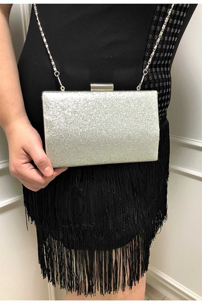 womenacs Ασημί Ασημί Χρώμα Βραδινό Φόρεμα Portfolio Clutch Γυναικεία Τσάντα με Χέρια και Μακρύ λουράκι