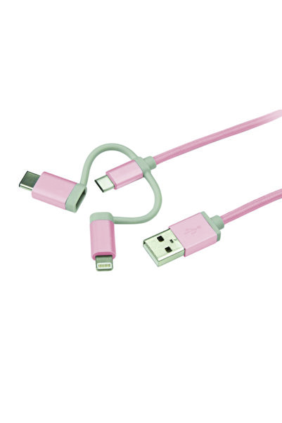 WMATE 3in1 1 Mt Iphone Type-c Micro Usb Örgü Şarj Kablosu Pembe