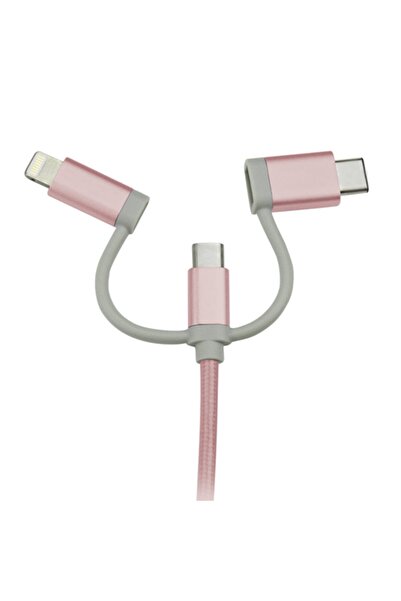 WMATE 3in1 1 Mt Iphone Type-c Micro Usb Örgü Şarj Kablosu Pembe