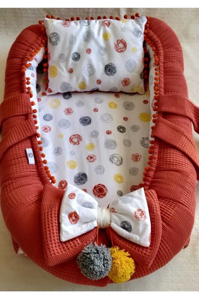 Raduga Collection % 100 Pamuklu Waffle Pike, Poplin Kumaş Ponponlu Babynest + Yastık Kiremit