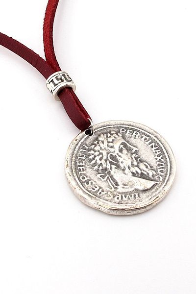 Solfera Dionysos Greek Coin Metal Burgundy Leather Men Necklace Q0386