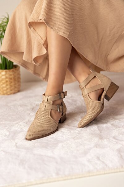 Bej Ayakkabı Moli Women's Laser Cut Double Buckle Back Zipper Tan Shoes