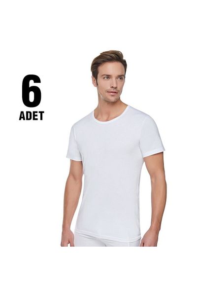 Tutku White Crew Neck Ανδρικό εσώρουχο με ραβδώσεις σετ 6 τεμαχίων